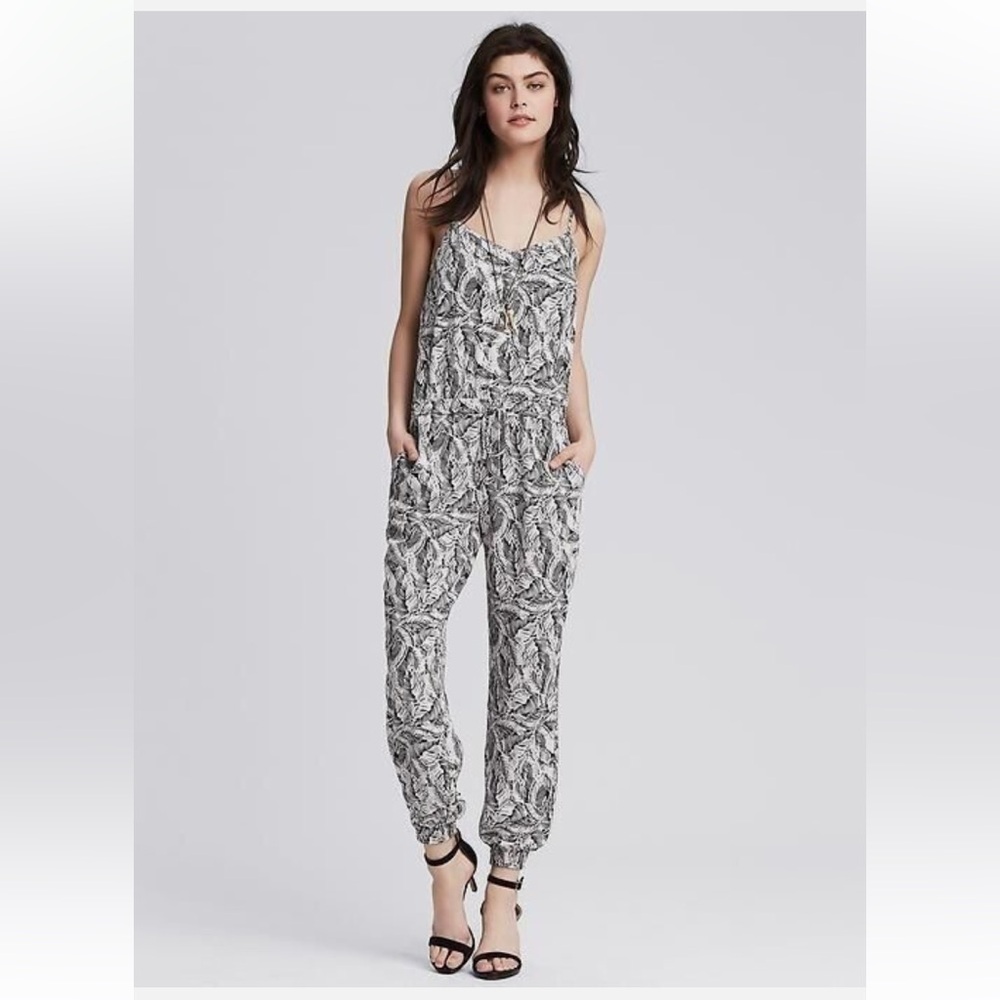 Banana Republic sleeveless jogger pant jumpsuit in abstract leaf print